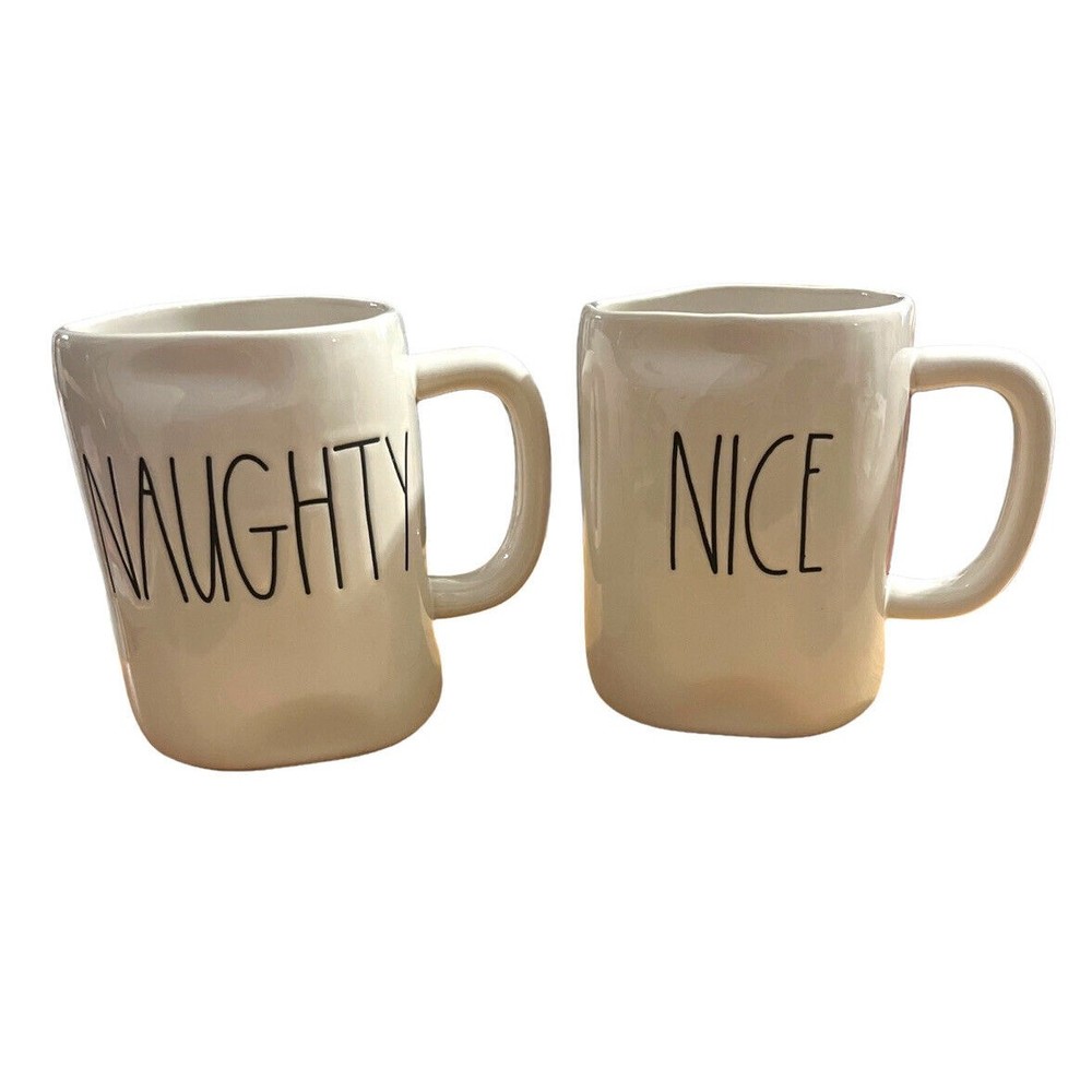 Rae Dunn Magenta Artisan Collection NAUGHTY & NICE Coffee Mugs (Set of 2) Cream